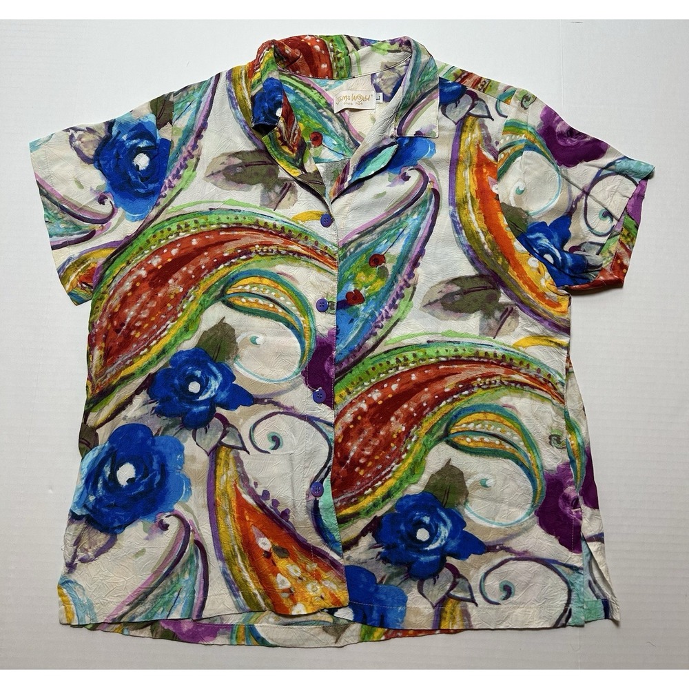 Vintage Jams World Floral Button Boxy Hawaiian Camp Shirt Aloha Women's Large